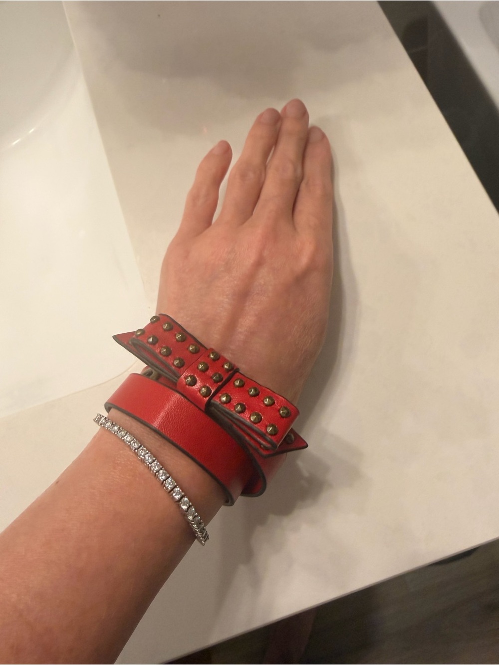 Kenzo Red Studded Bow Leather Wrap Bracelet